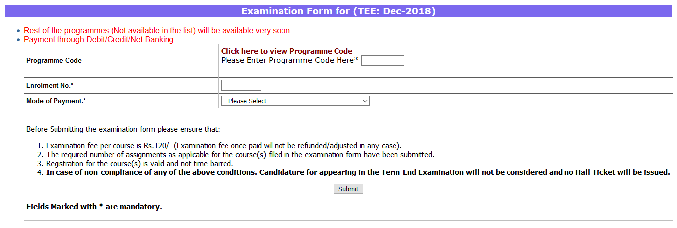 IGNOU December 2018 Exam Form Submission Process Started