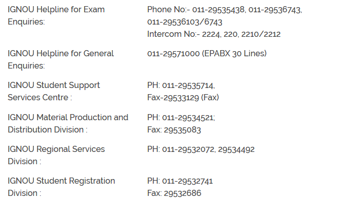 IGNOU Helpline Numbers For Student Enquires