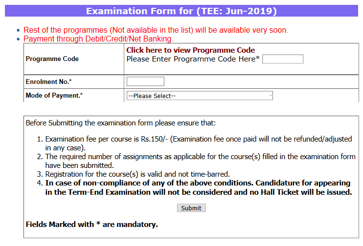 IGNOU Exam Form Submission Started For June 2019 Term End