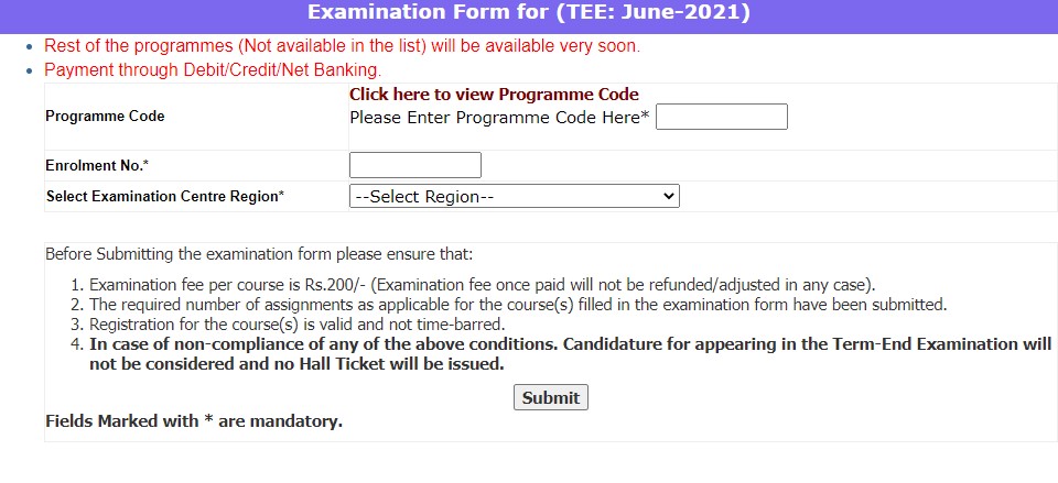 IGNOU Exam Form June 2021